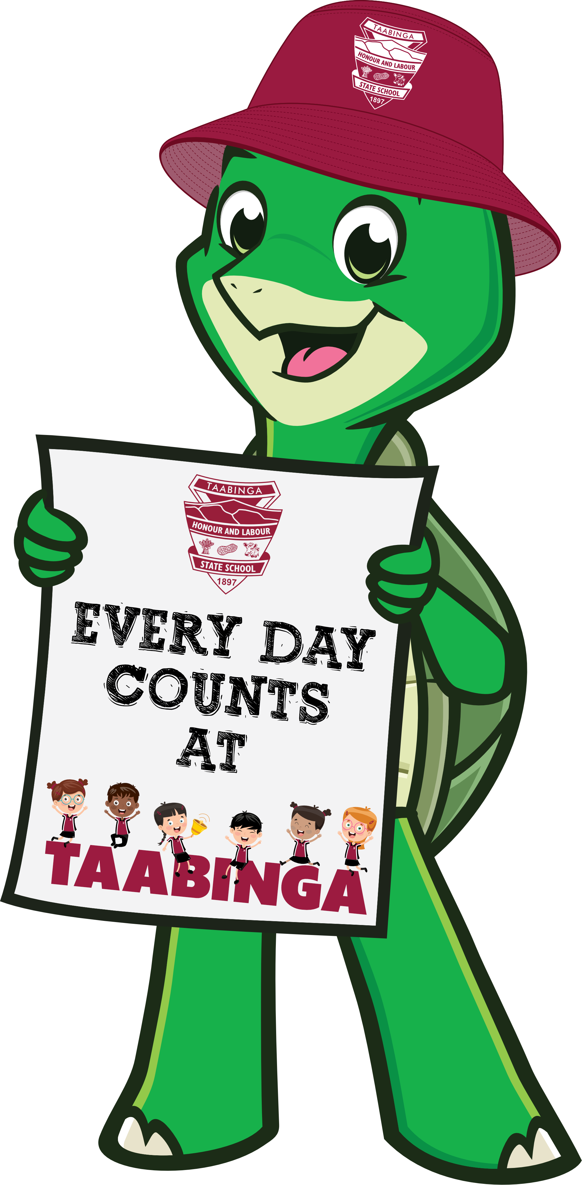 tuck mascot holding a sign that says Every Day Counts at Taabinga, smiling